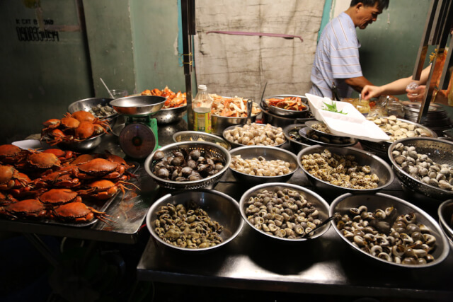 Lot of crabs. oysters, clams and lobsters